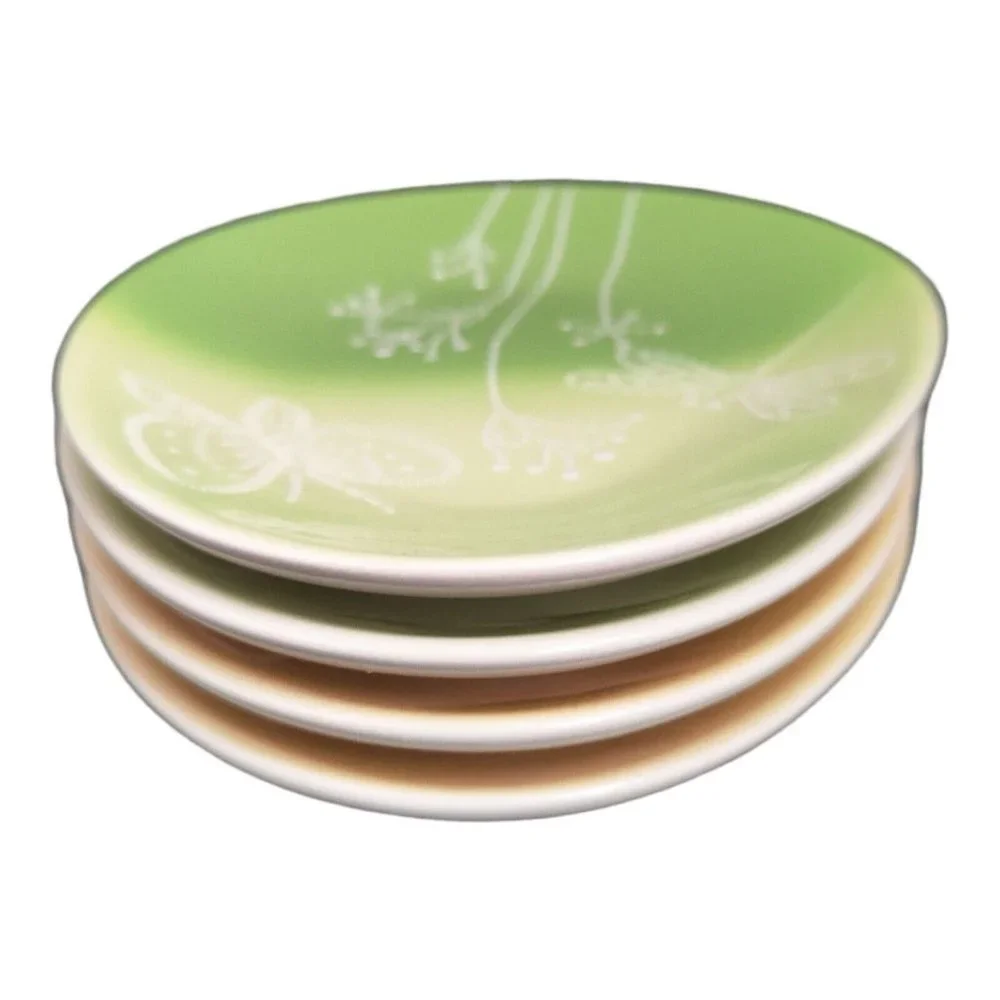 Crate & Barrel Green Egg Shape Plate spring easter Embossed 8x6” set of 4